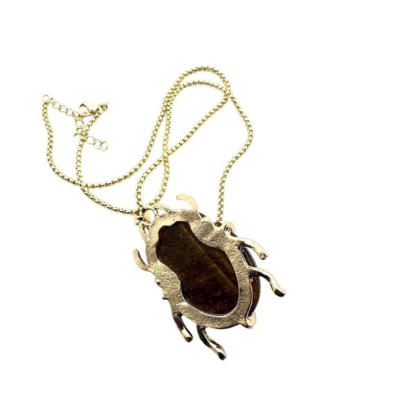 Evil Eye Necklace Tiger's Eye Gemstone Scarab Beetle Pendant Gold Plated - Picture 4 of 4